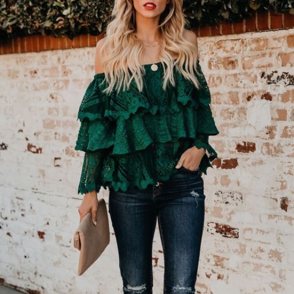 VICI Emerald Green Lace Off Shoulder Top!